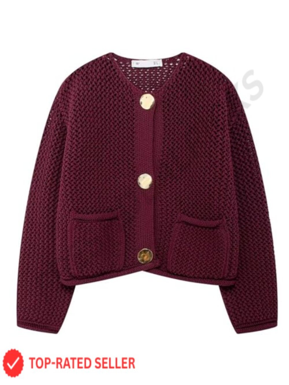 Womens Chunky Knit Cropped Cardigan Gold Button Open Front Sweater